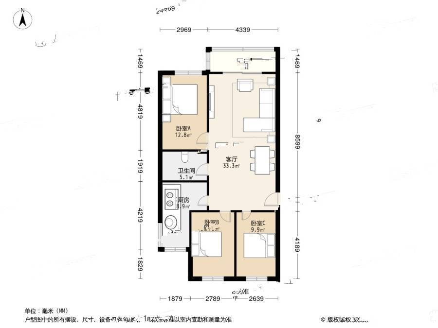 明春西园3室1厅1卫126.8㎡户型图