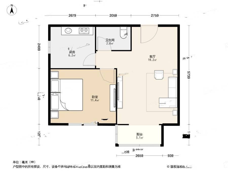 日光清城1室1厅1卫63㎡户型图