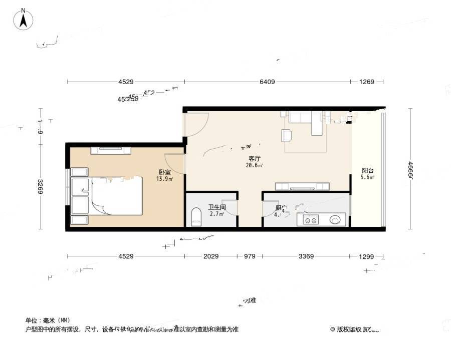 中上园5号院1室1厅1卫66.8㎡户型图