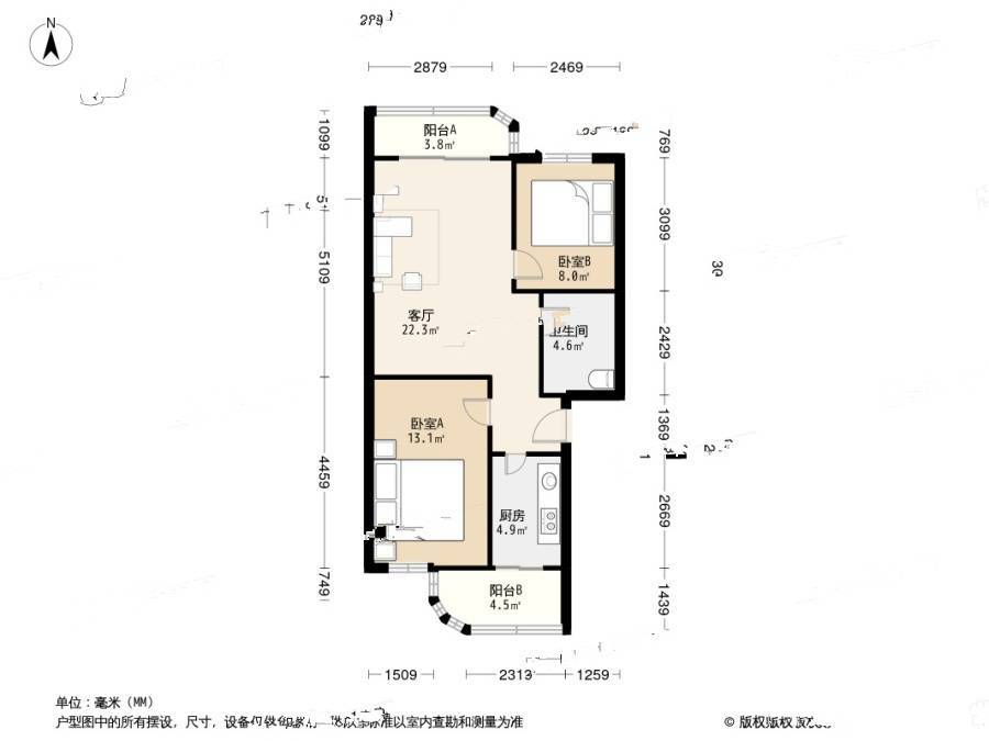 玉带河西街2室1厅1卫80㎡户型图