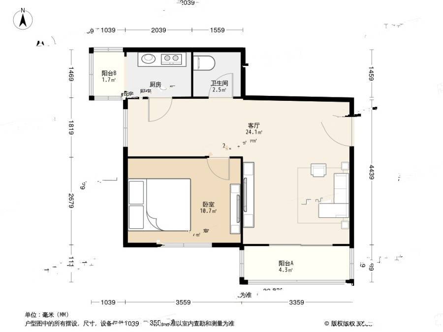 玉带河西街1室1厅1卫58.1㎡户型图