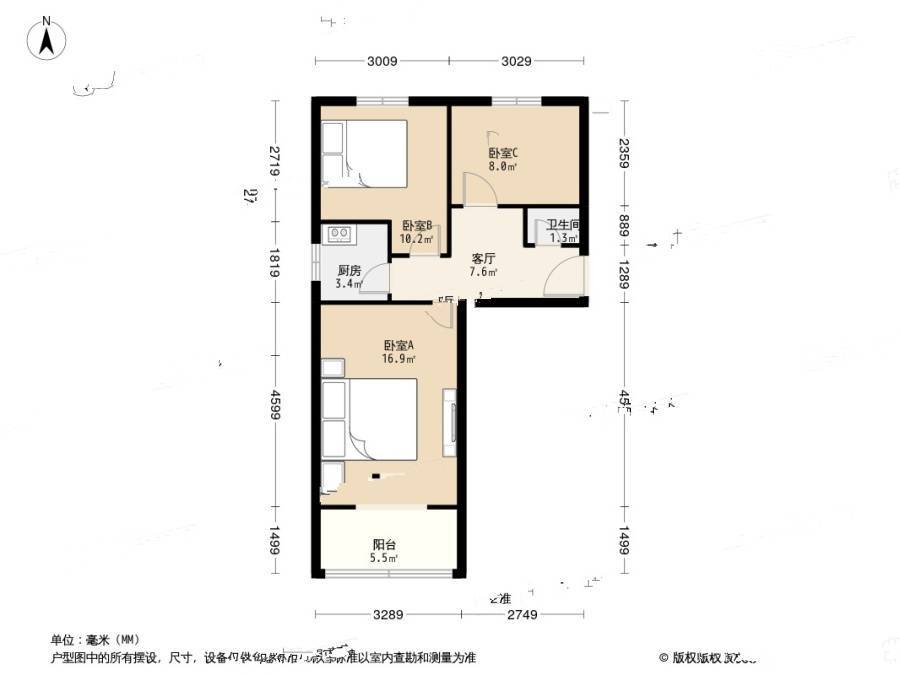 新仓路3室1厅1卫56.1㎡户型图