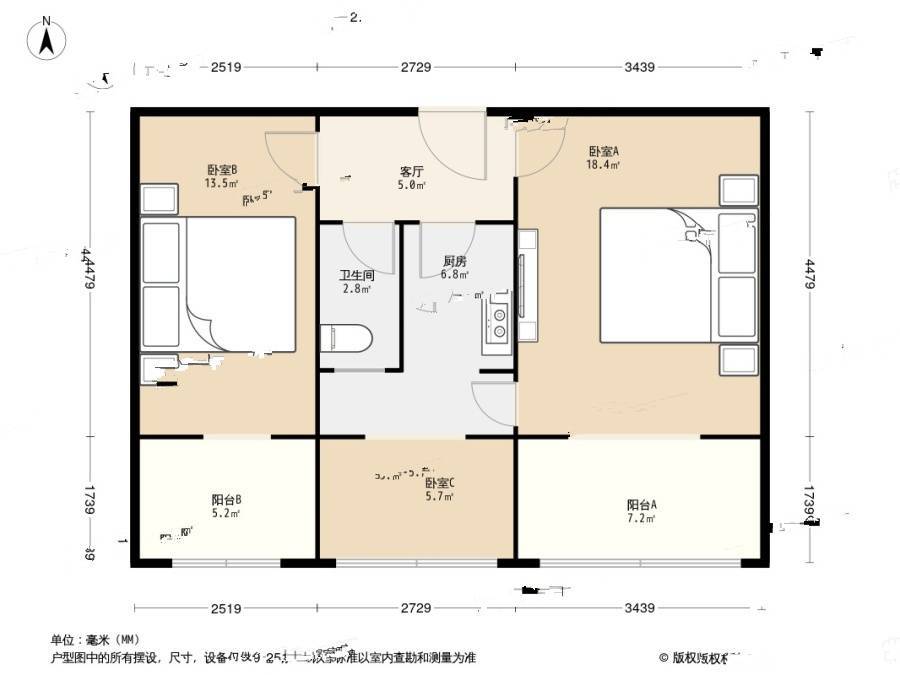 新仓路3室1厅1卫51.1㎡户型图