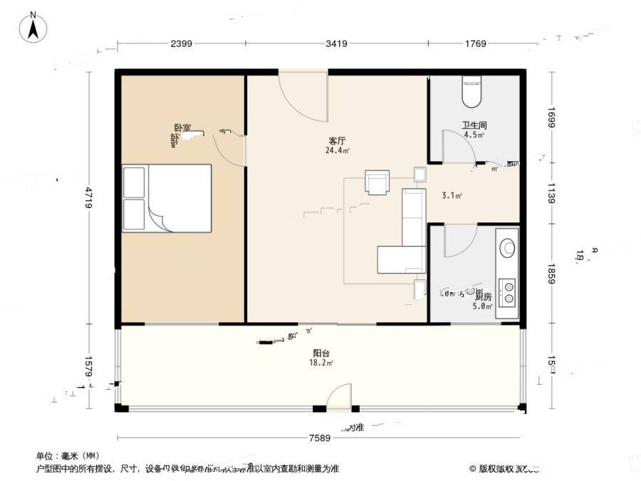 双裕西区1室1厅1卫55㎡户型图