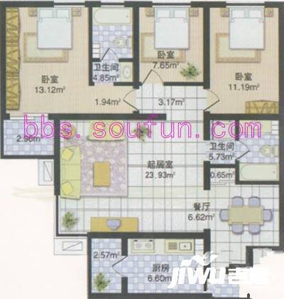 北潞春家园3室2厅2卫121.5㎡户型图