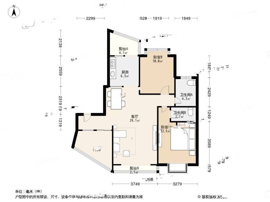 伟业嘉园2室2厅2卫114㎡户型图