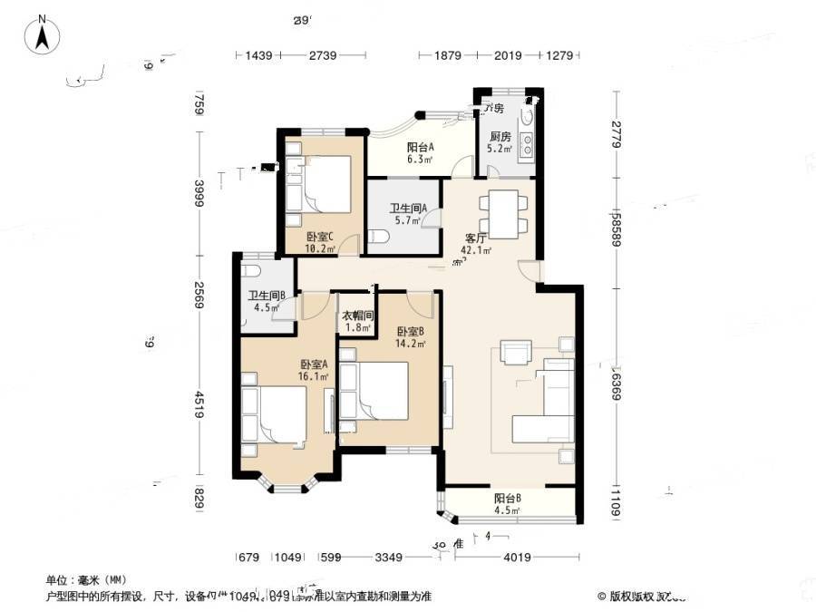 碧桂园小区二区3室1厅2卫150㎡户型图