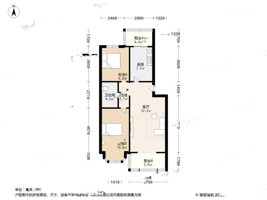 碧桂园小区二区2室1厅1卫88㎡户型图