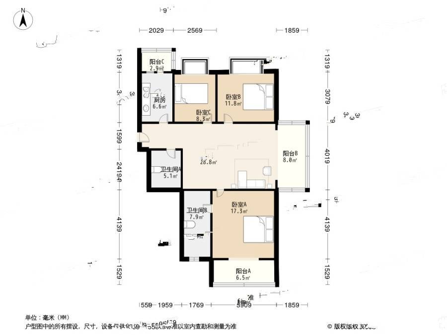 碧桂园小区二区3室1厅2卫133.3㎡户型图