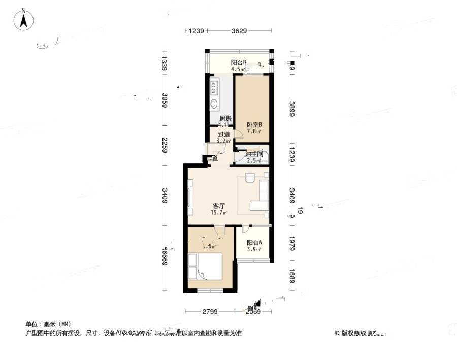 聪慧小区2室1厅1卫63㎡户型图