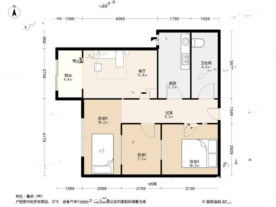 玉竹园一里3室1厅1卫81㎡户型图