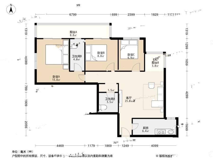 玉竹园一里3室1厅2卫118㎡户型图