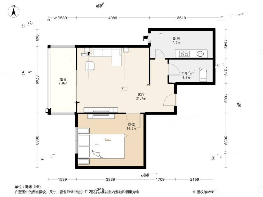 玉竹园一里1室1厅1卫65㎡户型图