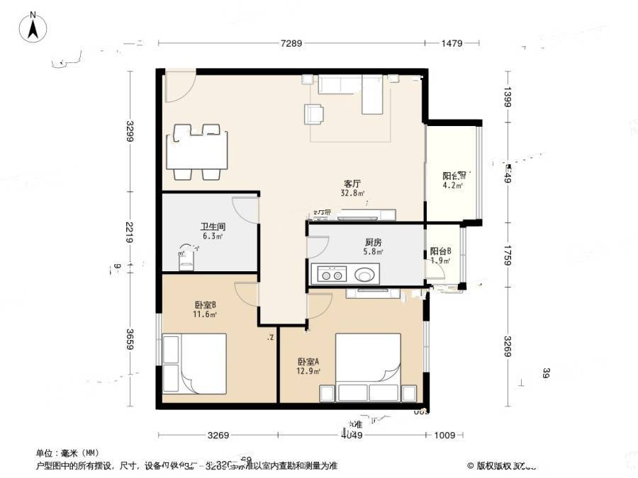 滨河西区皓月园2室1厅1卫98㎡户型图