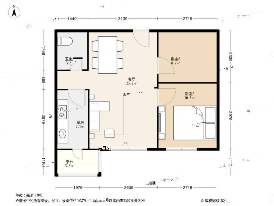 滨河西区皓月园2室1厅1卫59㎡户型图