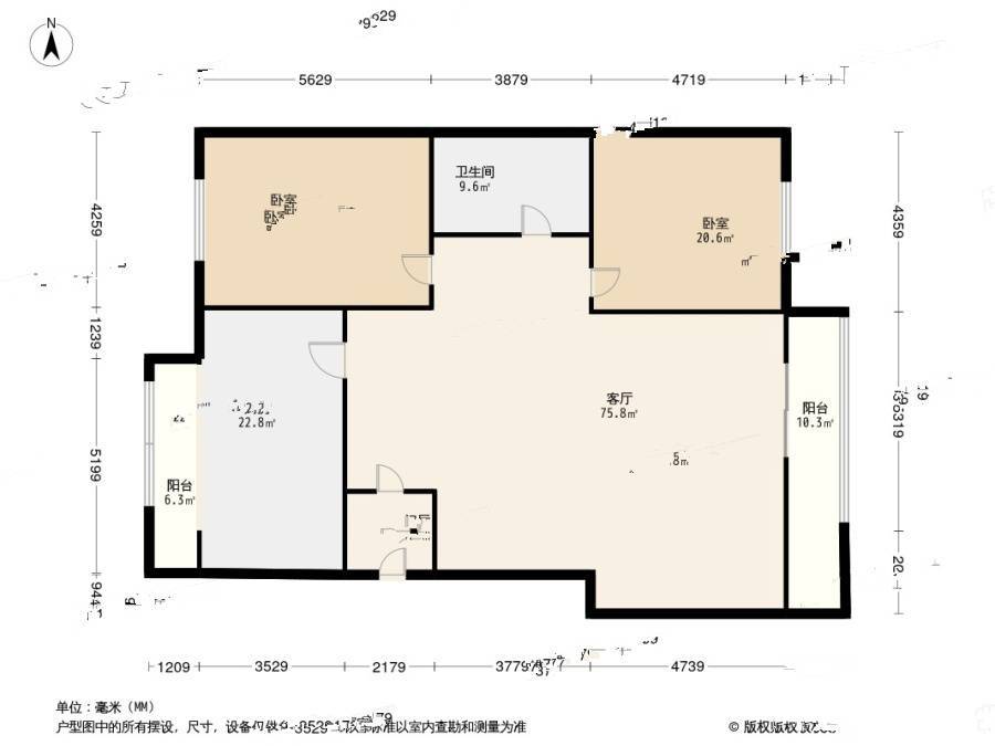 滨河西区皓月园2室1厅1卫90㎡户型图