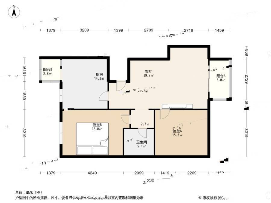 滨河西区皓月园2室1厅1卫89㎡户型图