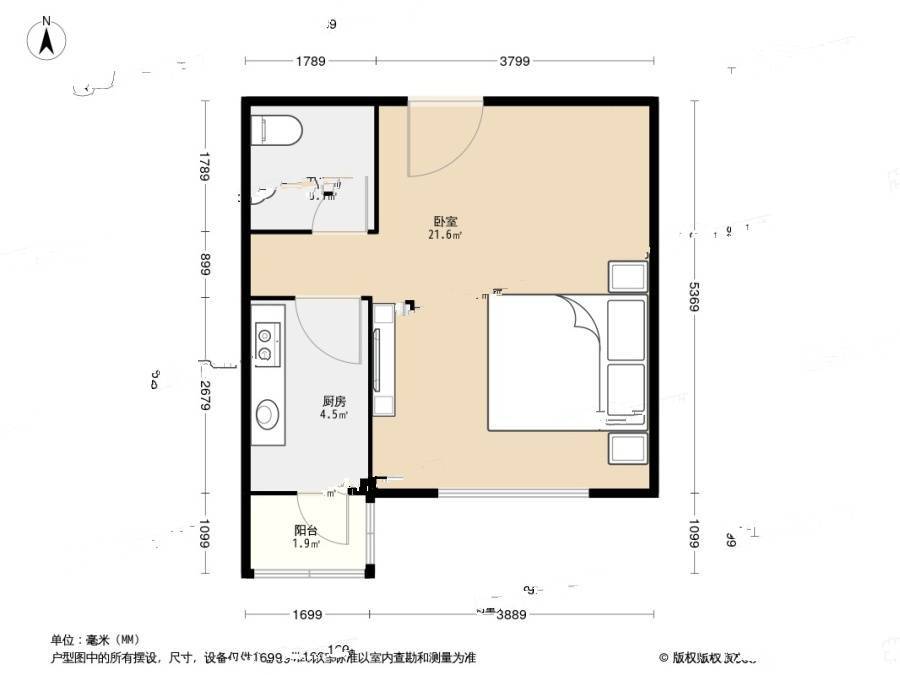 滨河西区皓月园1室0厅1卫45㎡户型图