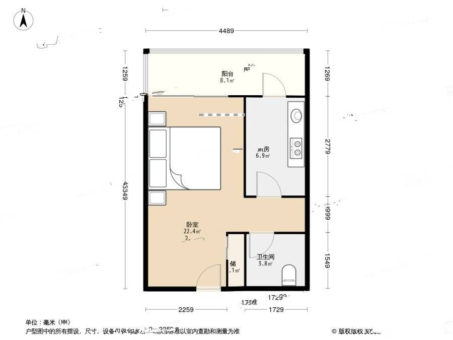 滨河西区皓月园1室1厅1卫43㎡户型图