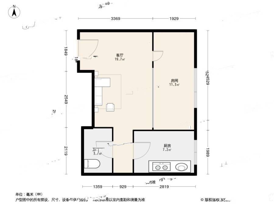 滨河西区皓月园1室1厅1卫43㎡户型图