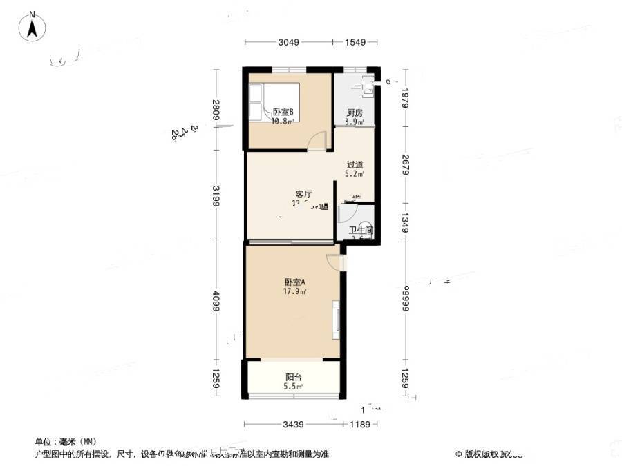 月季园东里2室1厅1卫57㎡户型图