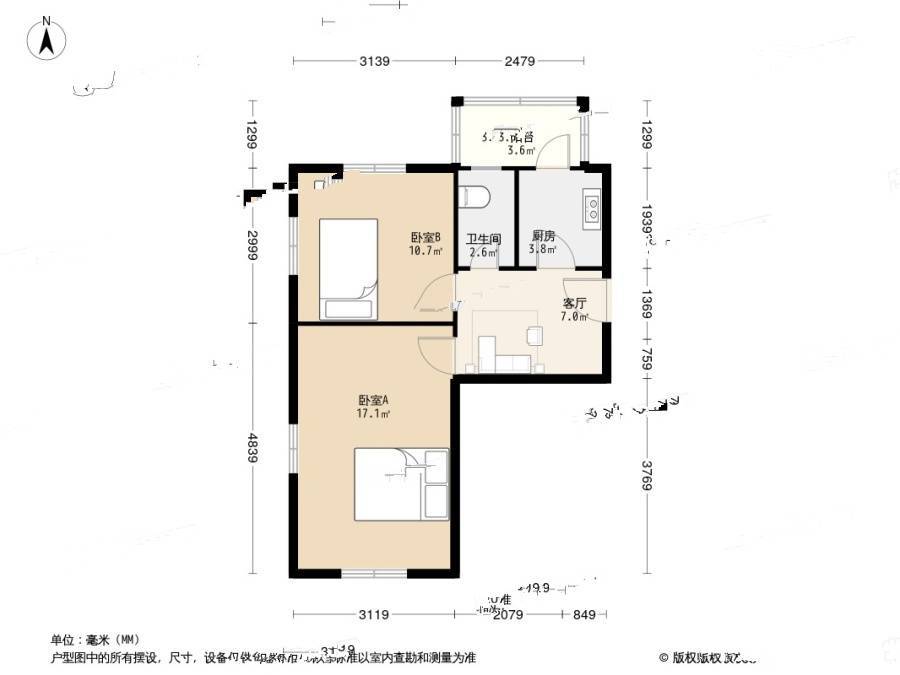 大草厂胡同2室1厅1卫50㎡户型图