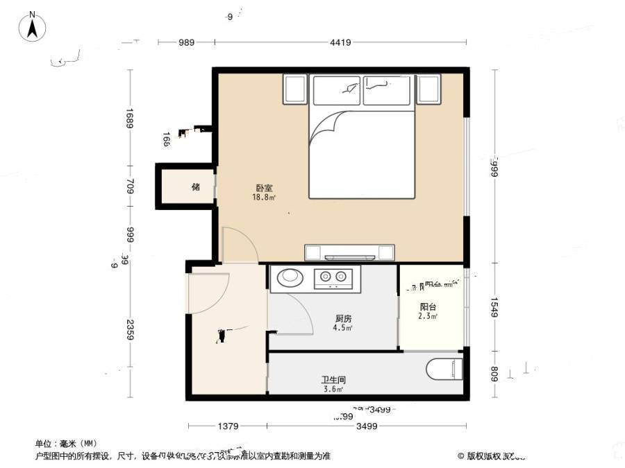 大草厂胡同1室1厅1卫34㎡户型图