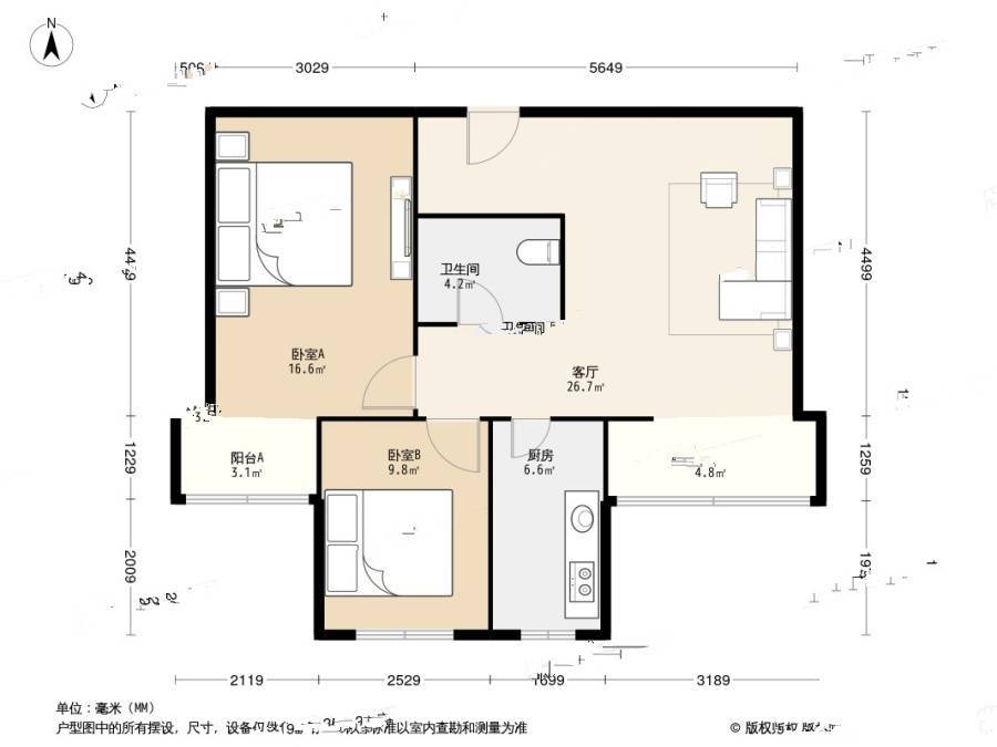 西潞东里2室1厅1卫76㎡户型图