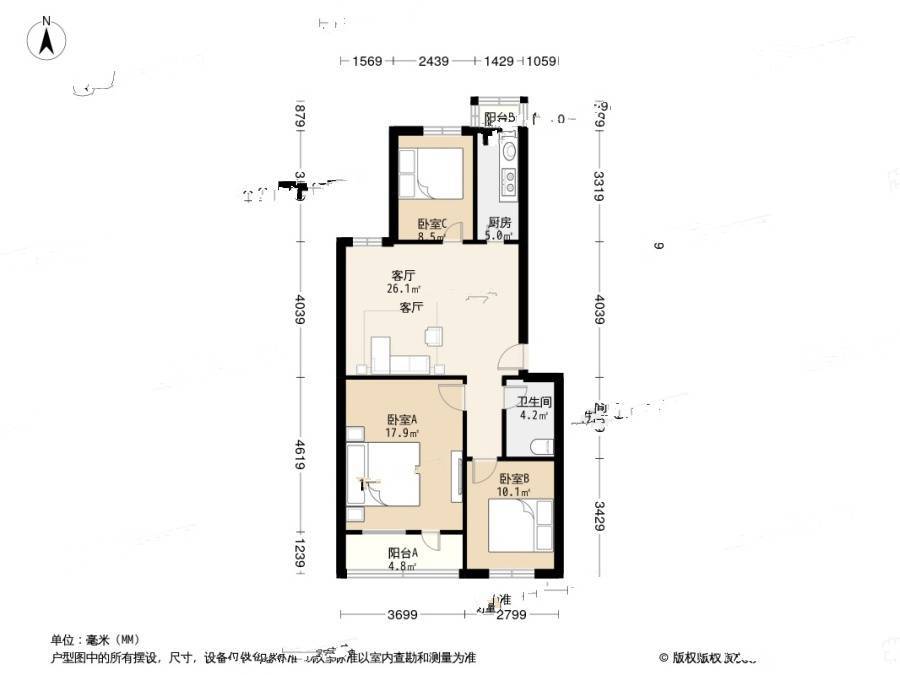 西潞东里3室1厅1卫99㎡户型图