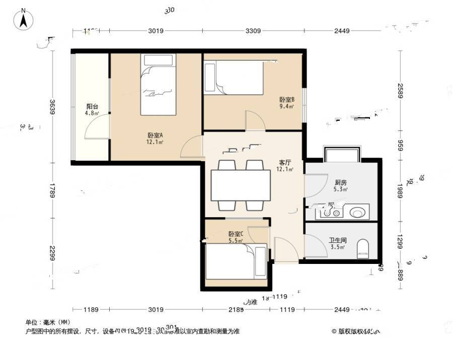 水文小区2室1厅1卫63㎡户型图