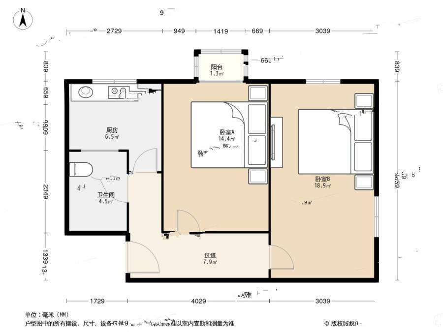 三里河二区2室0厅1卫63.6㎡户型图