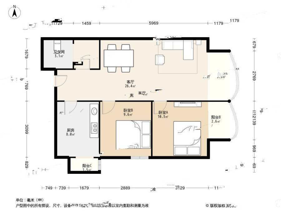 庄胜二期2室1厅1卫89㎡户型图