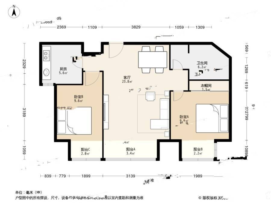 庄胜二期2室2厅1卫94㎡户型图