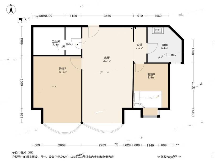 庄胜二期2室1厅1卫88㎡户型图