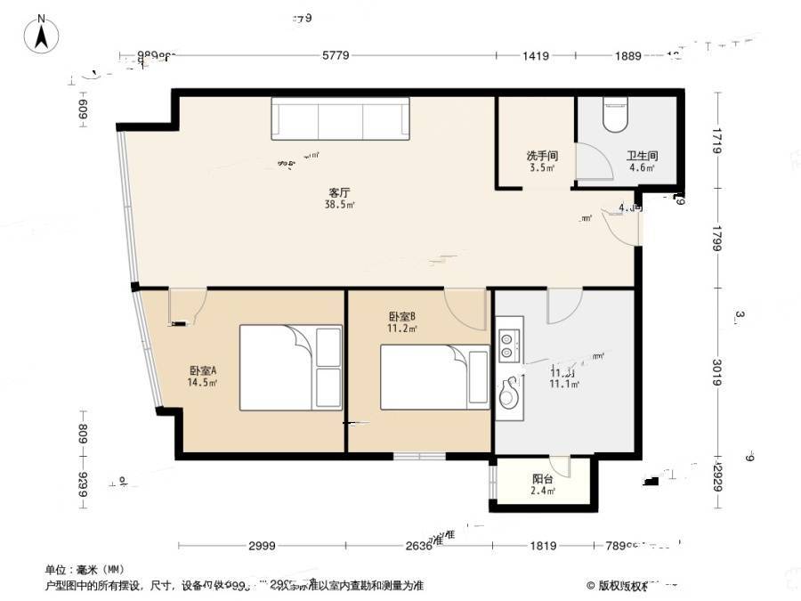 庄胜二期2室1厅1卫90㎡户型图