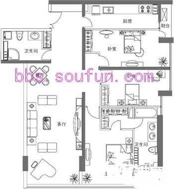 华贸国际公寓3室2厅2卫166.3㎡户型图