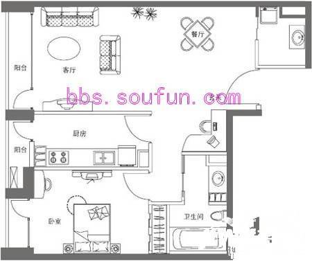 华贸国际公寓1室2厅1卫88.4㎡户型图