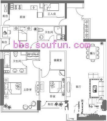 华贸国际公寓3室2厅2卫168.3㎡户型图