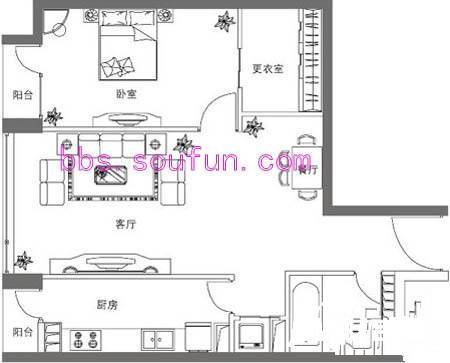 华贸国际公寓1室2厅1卫83.7㎡户型图