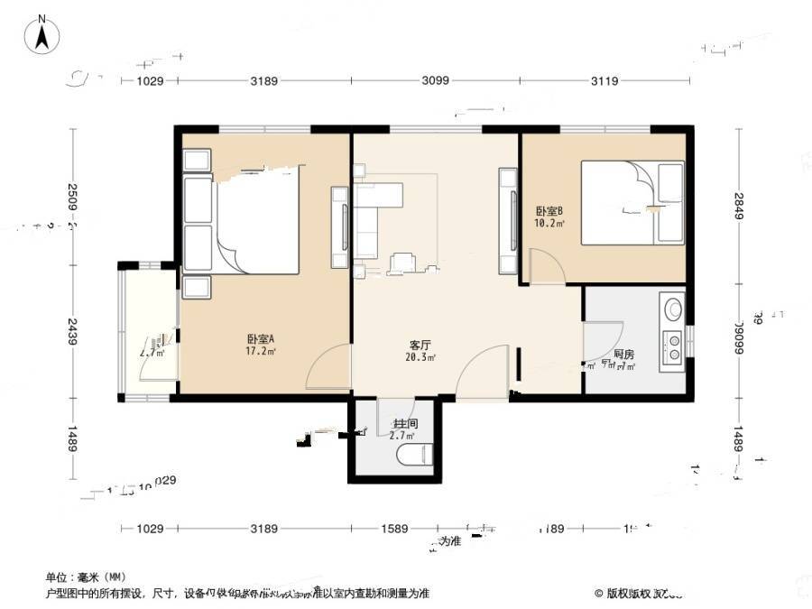 新明胡同2室1厅1卫67㎡户型图