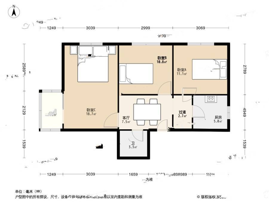 新明胡同3室1厅1卫67㎡户型图