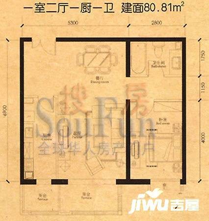 格调1室2厅1卫80.8㎡户型图