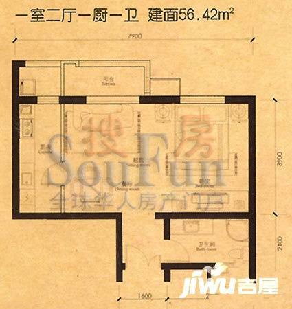 格调1室2厅1卫56.4㎡户型图