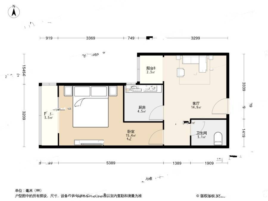 冠英园1室1厅1卫53㎡户型图