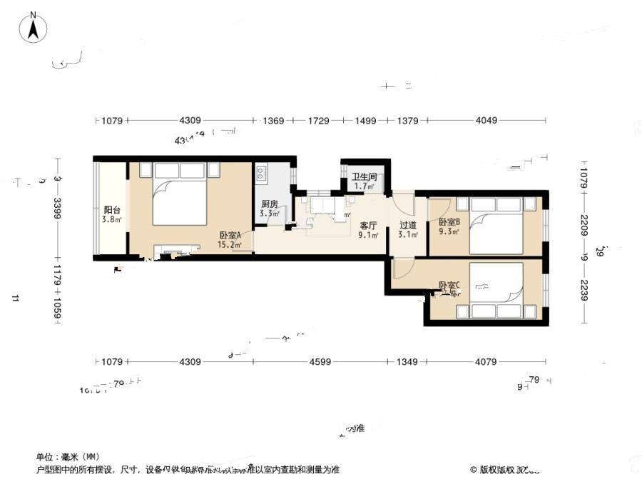 南礼士路三条3室1厅1卫71㎡户型图