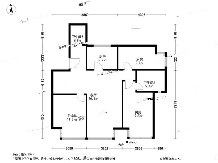 瞰都国际3室1厅2卫114.6㎡户型图