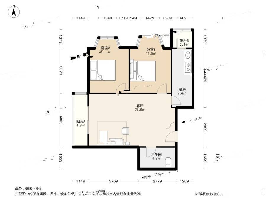 瑞祥里2室1厅1卫89.4㎡户型图