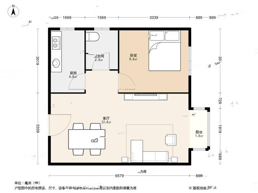 瑞祥里1室1厅1卫56.4㎡户型图