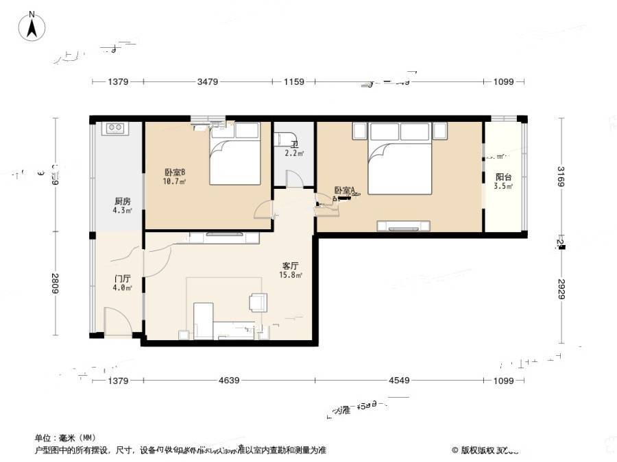 西便门住宅区2室1厅1卫65㎡户型图