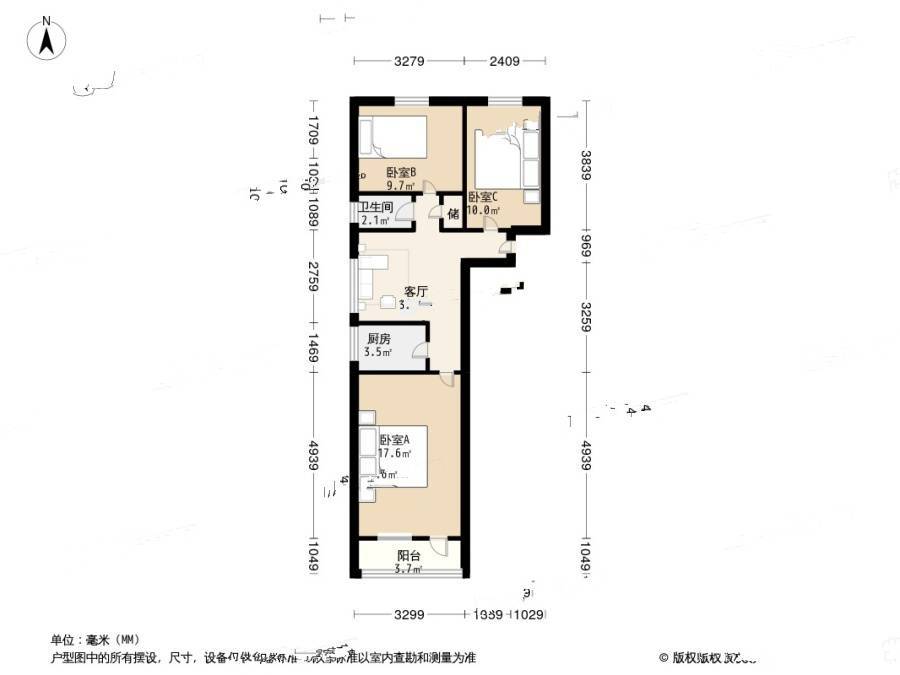 西便门住宅区3室1厅1卫77㎡户型图